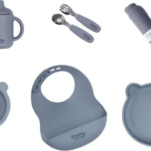 Freso Baby Kit Alimentação de Bebê Silicone Atóxico Livre de BPA Introdução Alimentar BLW Pratinhos Babador Talheres Completo 7 Peças Urso Cinza