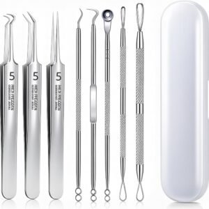 Kit Removedor de Cravos e Espinhas Profissional 8 Peças Inox com Estojo – Ferramentas de Higiene Facial para Limpeza de Poros, Acne e Cravos, Extrator de Cravos e Espinhas