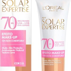 L’Oréal Paris Solar Expertise Efeito Make-Up, Protetor Solar com Cor FPS 70, Cobertura de Maquiagem por até 12h, Tripla Proteção Solar contra raios UVB, UVA, UVA Longo e Luz Visível Cor 2.0, 30g