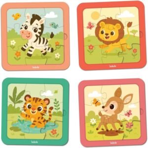 Kit com 4 Quebra Cabeças de Madeira MDF | BABEBI | Brinquedo Educativo | Animais | Infantil | Bêbe | Didático e Seguro (ZEBRA LEÃO TIGRE VEADO)