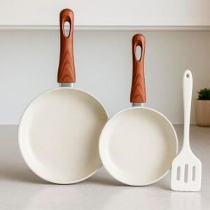 Jogo de Frigideiras Antiaderentes Cerâmicas com Cabo Soft Touch, 20cm e 24cm, com Espátula de Silicone, 3 Peças, Lecce