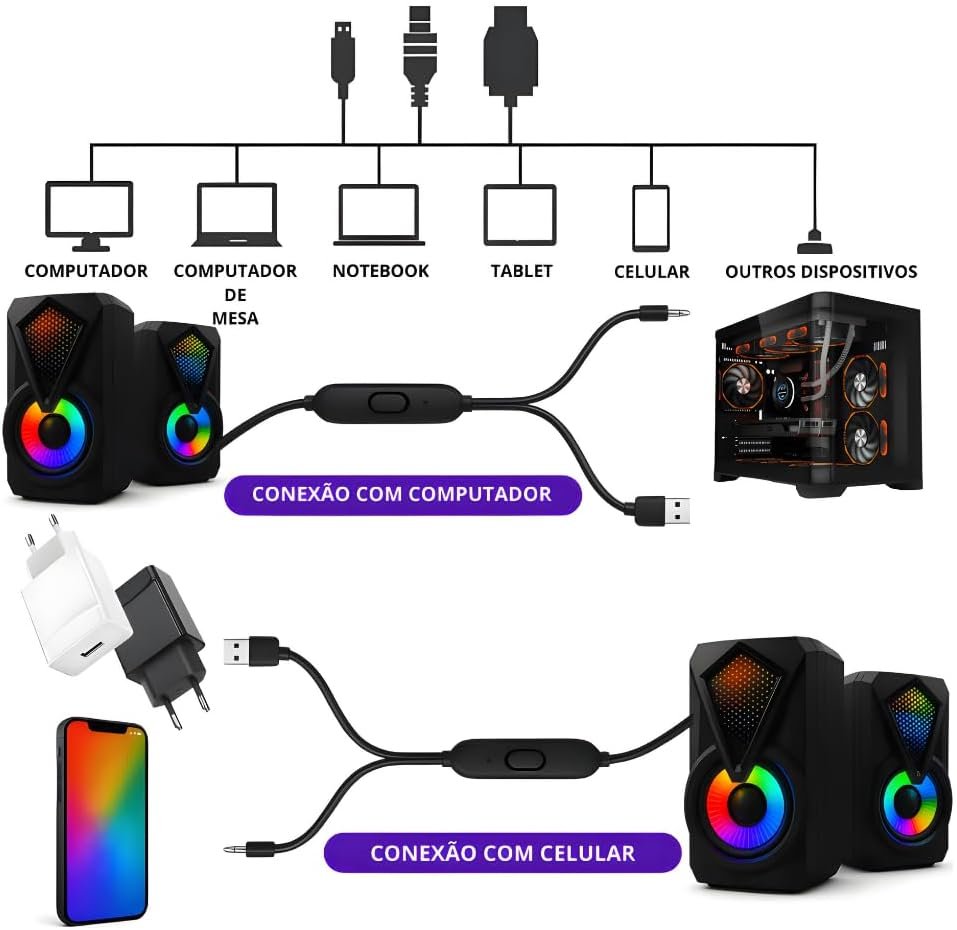 Caixinha de Som PC, Alto Falante Gamer Para Computador, Luzes RGB, Entrada P2 e USB, Ideal Para Setup Gamer, Cabo com Controle de Volume, Conecta com Pc, Notebook, Console, Video Game - Premium - Imagem 2