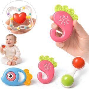 Kit Chocalho Mordedor Educativo para Bebê, 4 Peças, Colorido, Material Atóxico sem BPA, Brinquedo Sensorial para Desenvolvimento Motor e Cognitivo, 0-12 Meses
