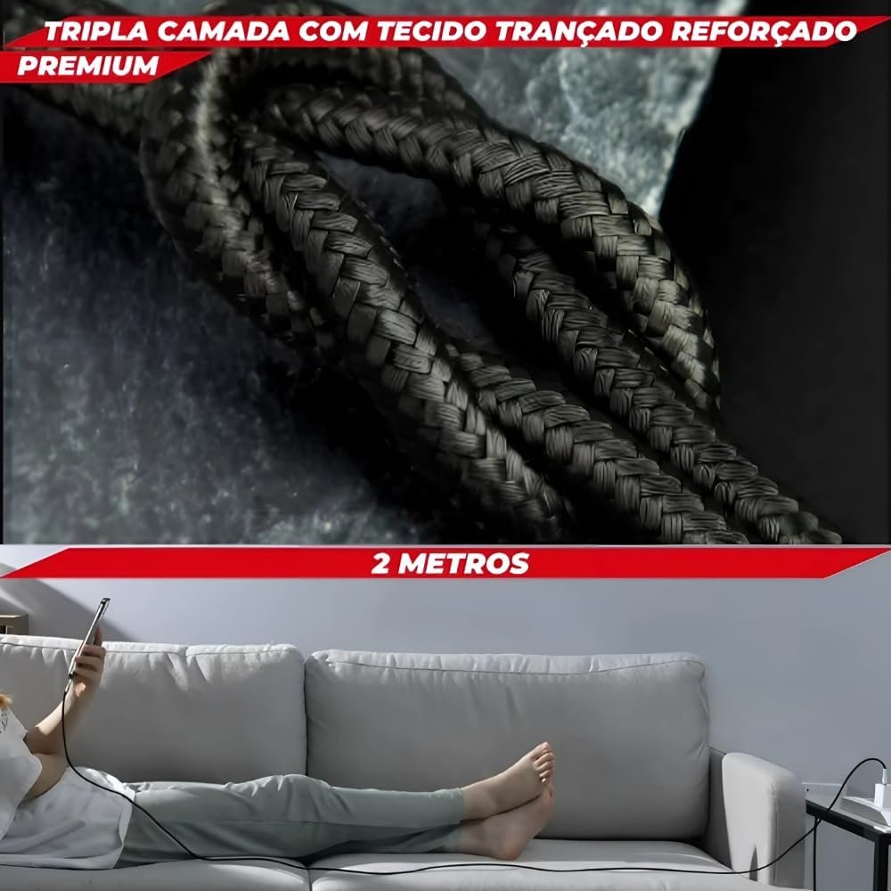 Cabo de Carregamento Compátivel Com iPhone Turbo 30W, 2 Metros de Extensão, Nylon Trançado e Reforçado, Padrão de Qualidade Luxo - Imagem 5