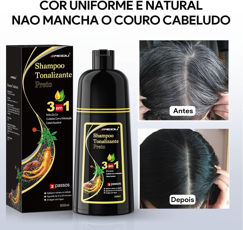Shampoo Tonalizante Preto 3 em 1 para Cabelos Grisalhos, Shampoo que Pinta o Cabelo para Mulheres e Homens, Tinta de Cabelo com Extratos Vegetais, Cobertura de Fios Brancos até 15 Dias, 500ml - Imagem 2