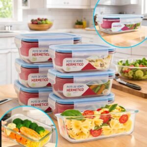 Kit 6 Potes de Vidro 640ml Hermético com Tampa 4 Travas – Borossilicato, Marmita Fit, Freezer e Micro-ondas