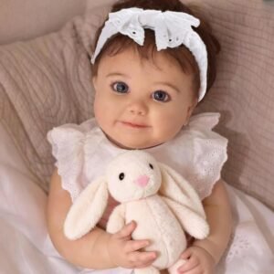Bebê Reborn Boneca Menina Realista Silicone Pintado Corpo de Algodão com Coelho 60cm Vestido Branco