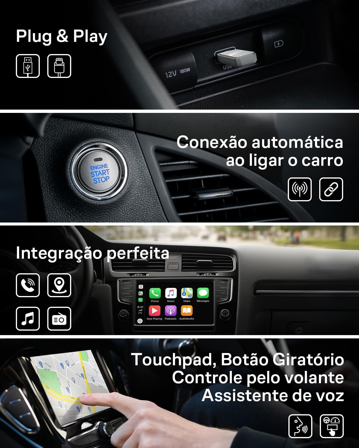 Adaptador CarPlay Sem Fio para Android e iPhone, Stage LinkFree 2 em 1 Mini CarPlay Com Fio para Sem Fio, Adaptador USB-C/USB Plug & Play Bluetooth para Carro, Controle Estável e Sem Atraso - Imagem 3