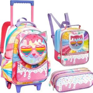 Kit Mochila Escolar Infantil com Rodinhas 3 em 1 para Menina – Mochila + Lancheira + Estojo – Mochila de Rodinha Feminina Infantil – Sereia, Unicórnio e Fada