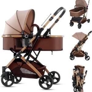 Carrinho De Bebê 2 Em 1, Carrinho Bebê PortáTil DobráVel, Cadeira AjustáVel, Cesta De Dormir RemovíVel, Peso MáXimo Suportado 15kg (Marrom)