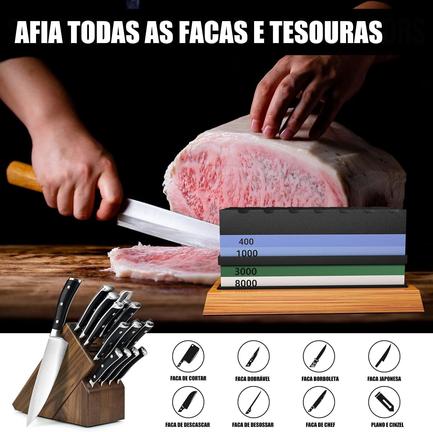 Pedra de Amolar Facas, Pedra de Afiar de Amolar de Granulação 400/1000 e 3000/8000, Afiador de Facas Dupla Face com Base Antiderrapante - Imagem 2