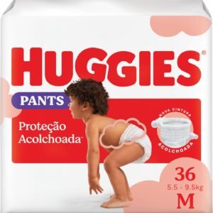 Fralda Pants Huggies Proteção Acolchoada Tamanho M 36 unidades – Nova fralda Supreme Care estilo roupinha, que veste como shortinho e com cintura acolchoada super macia que previne marquinhas, fácil de colocar e tirar (embalagem pode variar)