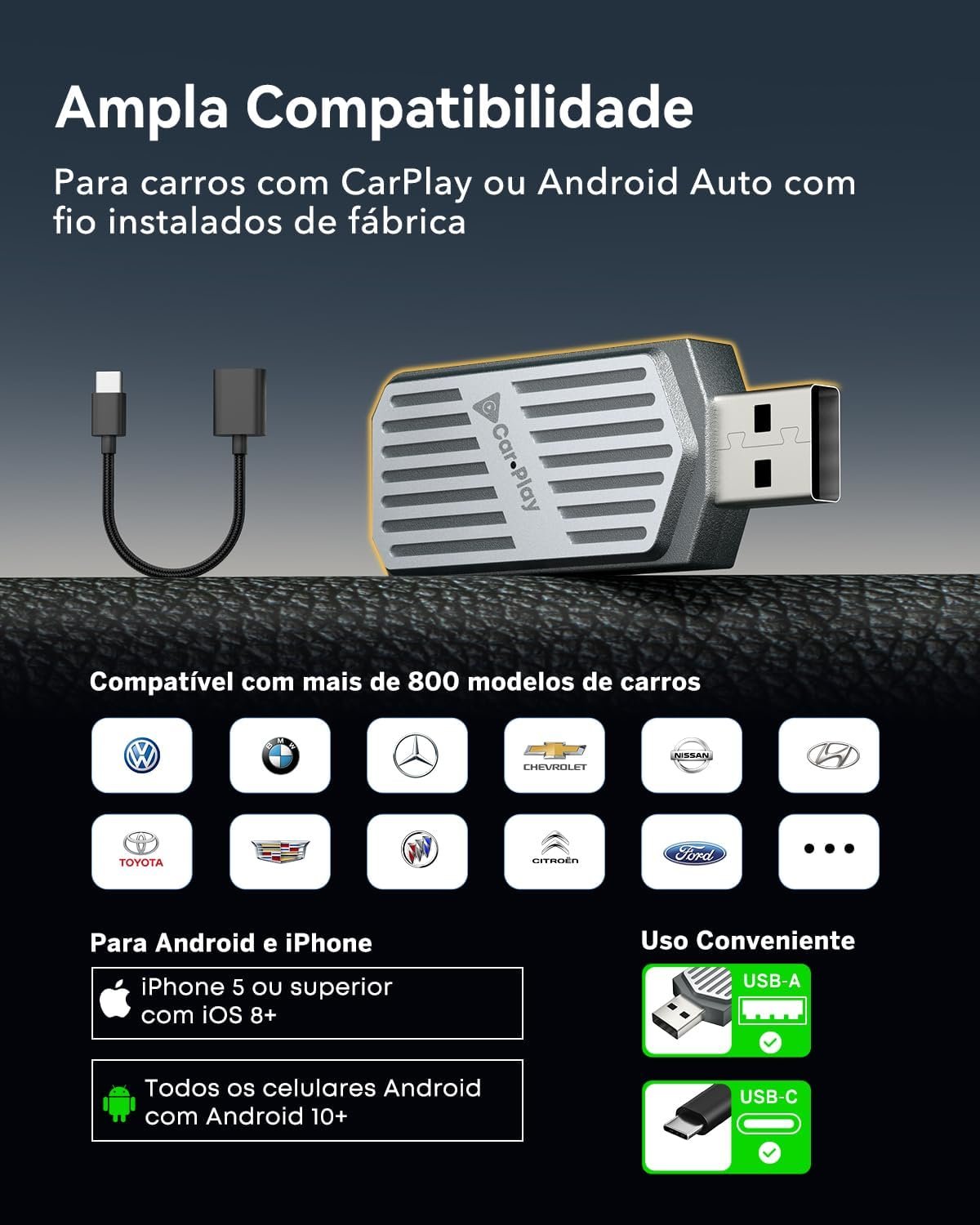 Adaptador CarPlay Sem Fio para Android e iPhone, Stage LinkFree 2 em 1 Mini CarPlay Com Fio para Sem Fio, Adaptador USB-C/USB Plug & Play Bluetooth para Carro, Controle Estável e Sem Atraso - Imagem 7