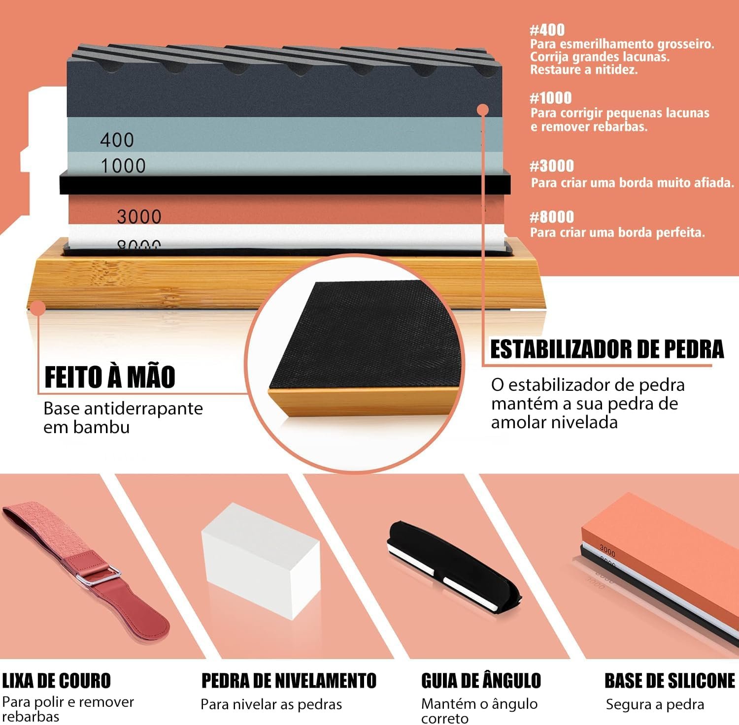 Pedra de Amolar Facas, Pedra de Afiar de Amolar de Granulação 400/1000 e 3000/8000, Afiador de Facas Dupla Face com Base Antiderrapante - Imagem 5