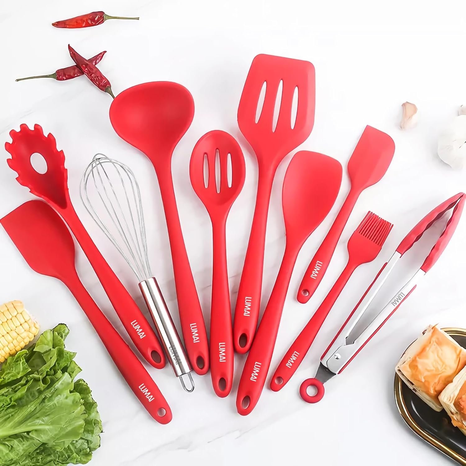 LUMAI Kit 10 Utensílios de Cozinha em Silicone e Aço Inox, Resistentes ao Calor e Antirriscos, Não Arranham, Conjunto Acessórios de Cozinha Completo com Espátula, Pegador, Concha, Colher – Vermelho - Imagem 2