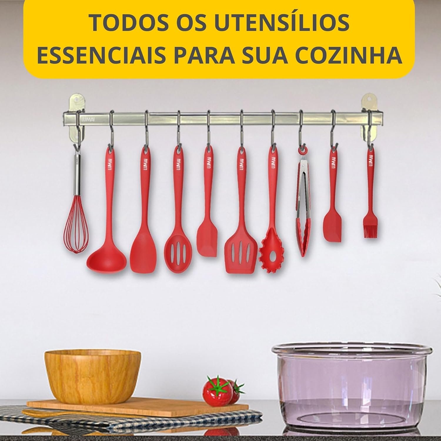 LUMAI Kit 10 Utensílios de Cozinha em Silicone e Aço Inox, Resistentes ao Calor e Antirriscos, Não Arranham, Conjunto Acessórios de Cozinha Completo com Espátula, Pegador, Concha, Colher – Vermelho - Imagem 6