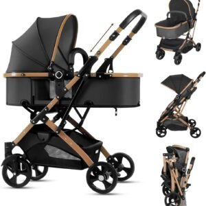 Carrinho De Bebê 2 Em 1, Carrinho Bebê PortáTil DobráVel, Cadeira AjustáVel, Cesta De Dormir RemovíVel, Peso MáXimo Suportado 15kg (Preto)