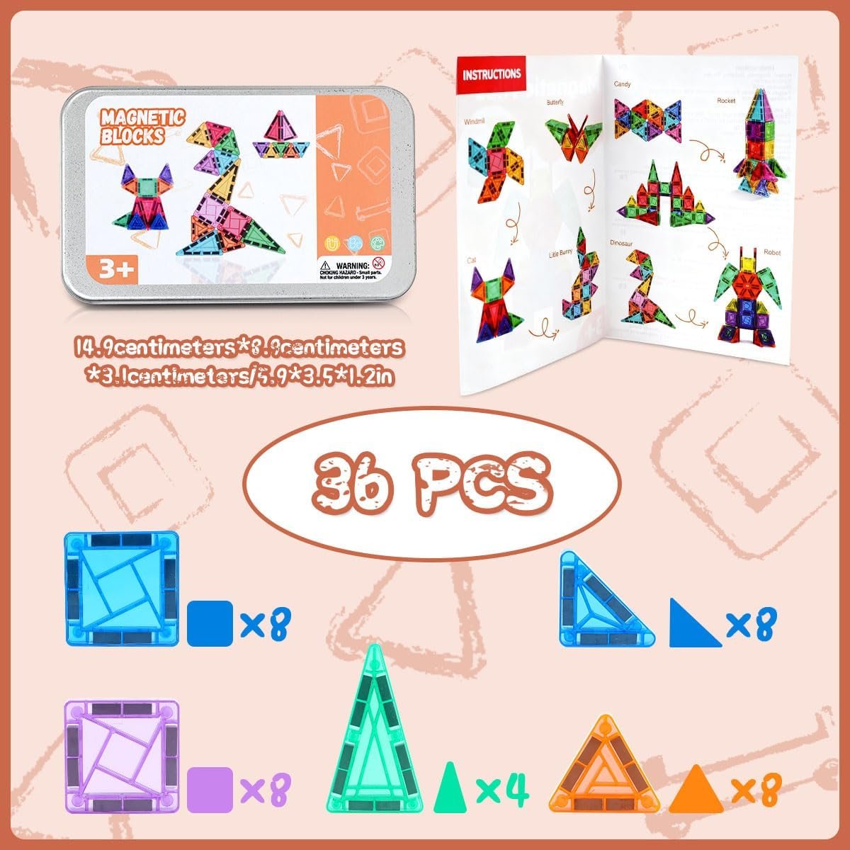 36 Peças Blocos Magnéticos para Crianças de 3 a 8 Anos, Mini Blocos de Construção Magnéticos, Conjunto de Construção de Viagem com Caixa de Ferro para Armazenamento (36) - Imagem 6