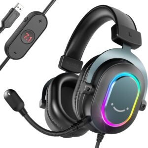 FIFINE Fone de ouvido jogos para PC – fones de ouvido USB com fio e microfone para computador com som surround 7.1 para PS4/PS5 no laptop/streaming, com modo EQ, RGB, almofadas macias – AmpliGame H6