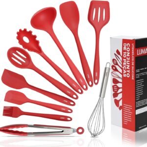 LUMAI Kit 10 Utensílios de Cozinha em Silicone e Aço Inox, Resistentes ao Calor e Antirriscos, Não Arranham, Conjunto Acessórios de Cozinha Completo com Espátula, Pegador, Concha, Colher – Vermelho LUMAI Kit 10 Utensílios de Cozinha em Silicone e Aço Inox, Resistentes ao Calor e Antirriscos, Não Arranham, Conjunto Acessórios de Cozinha Completo com Espátula, Pegador, Concha, Colher – Vermelho