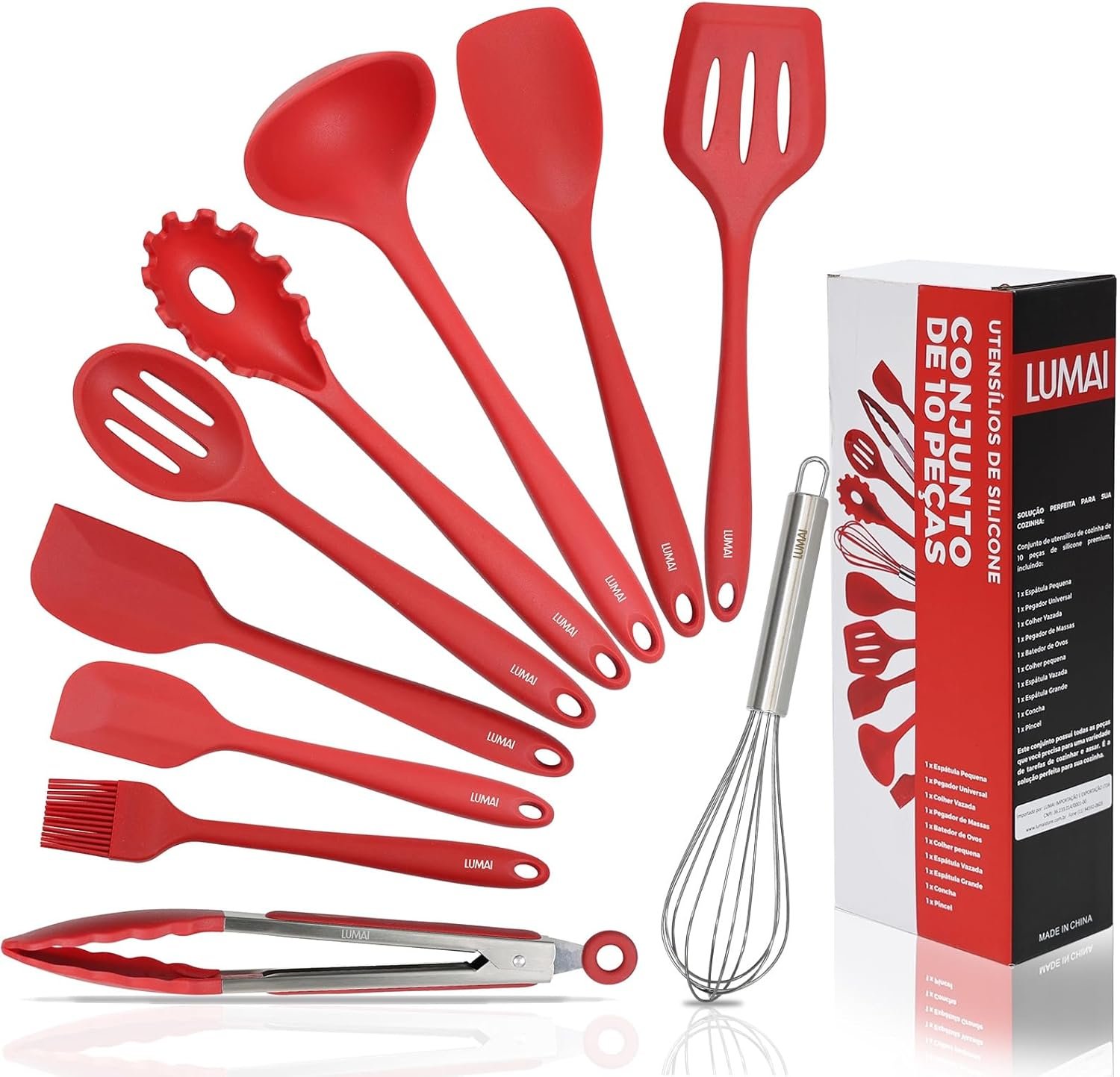 LUMAI Kit 10 Utensílios de Cozinha em Silicone e Aço Inox, Resistentes ao Calor e Antirriscos, Não Arranham, Conjunto Acessórios de Cozinha Completo com Espátula, Pegador, Concha, Colher – Vermelho