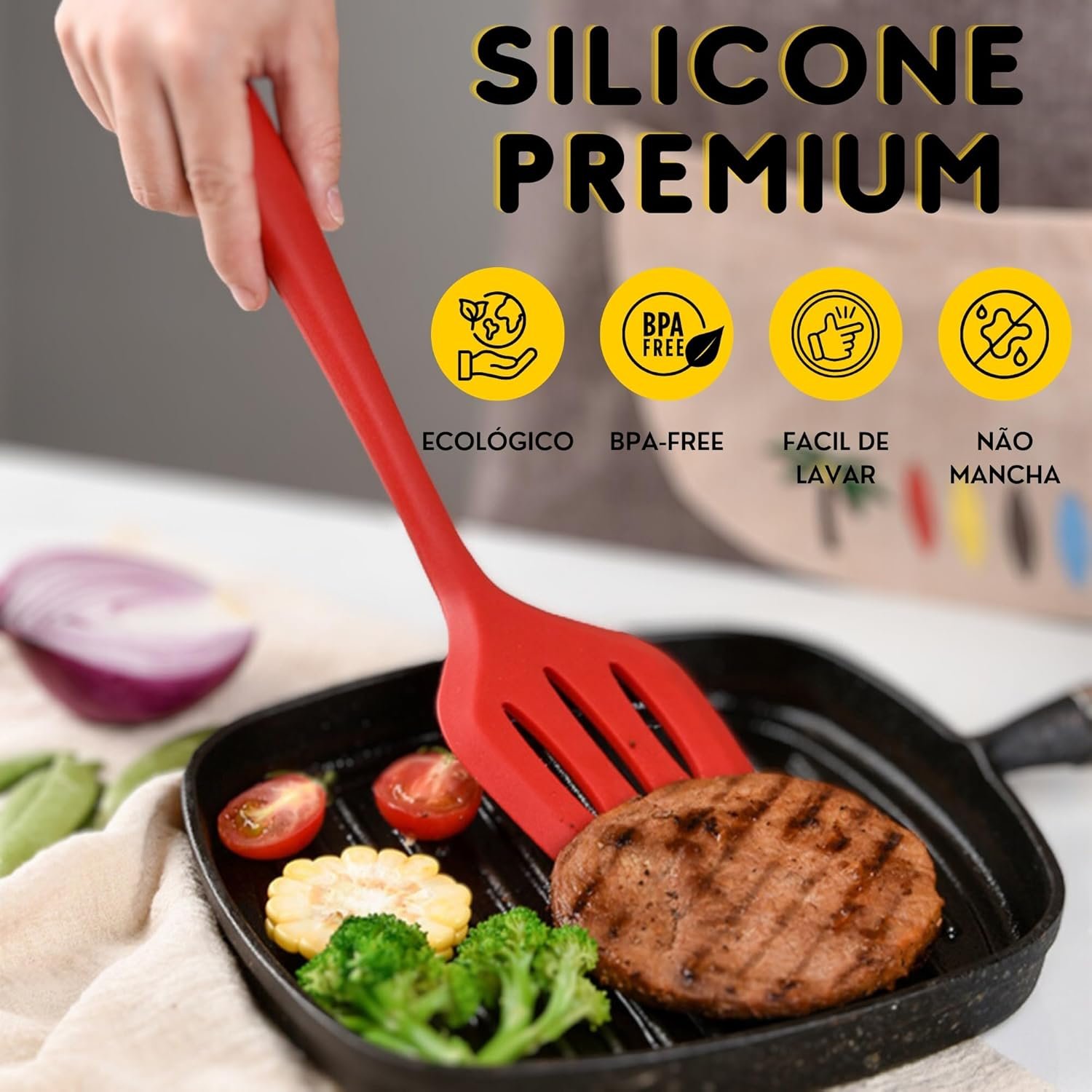 LUMAI Kit 10 Utensílios de Cozinha em Silicone e Aço Inox, Resistentes ao Calor e Antirriscos, Não Arranham, Conjunto Acessórios de Cozinha Completo com Espátula, Pegador, Concha, Colher – Vermelho - Imagem 4