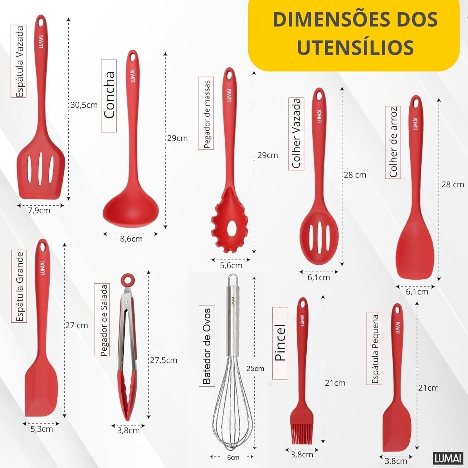 LUMAI Kit 10 Utensílios de Cozinha em Silicone e Aço Inox, Resistentes ao Calor e Antirriscos, Não Arranham, Conjunto Acessórios de Cozinha Completo com Espátula, Pegador, Concha, Colher – Vermelho - Imagem 7