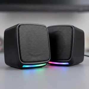 Caixa de Som para PC Gamer 6W RMS, Alto Falante Estéreo com Iluminação RGB, Conexão USB e P2, Controle de Volume, Plug and Play, Ideal para Notebook, TV, Setup Gamer, Home Office e Aulas Online