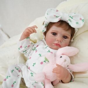 Bebê Reborn Boneca Silicone Menina Realista Pintada Olho Castanho 48cm Com Rosa Coelho e Acessórios