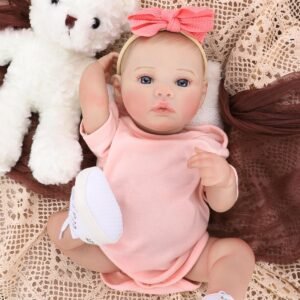 Bebê Reborn Boneca Menina Realista Pintado Corpo de Silicone 48cm Olhos Azuis Com Acessórios Original (Menina Urso Rosa)