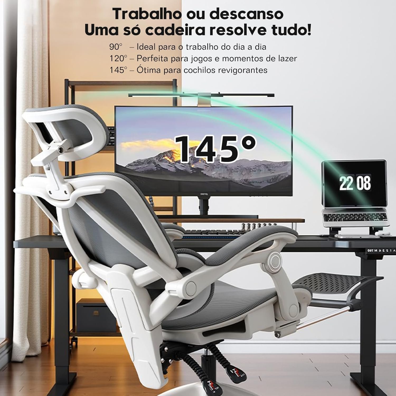 Cadeira de escritório ergonômica reclinável até 145° com apoio para os pés, almofada de ar, cabide e apoio de cabeça ajustável – Gamer e home office (Branco) - Imagem 3