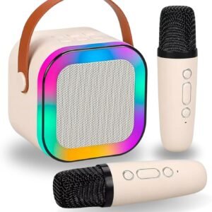 Karaoke Infantil Portátil com 2 Microfones Recarregável e Modos de Voz Divertidos – Diversão Musical para Crianças! (Bege)