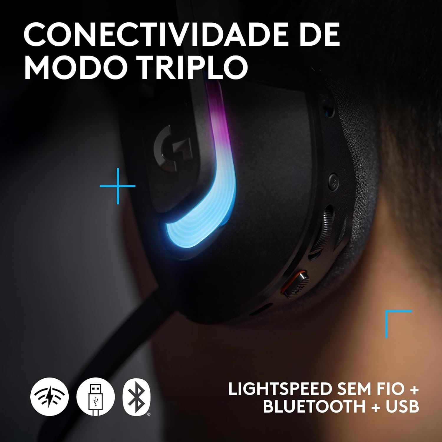 Headset Gamer Sem Fio Logitech G522 LIGHTSPEED com RGB LIGHTSYNC, Conectividade Tripla sem fio LIGHTSPEED ou Bluetooth e com fio USB para PC - Preto - Imagem 5