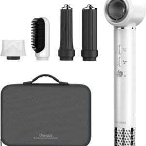 GOKOCO Secador de Cabelo 5 em 1 Conjunto, Escova Secadora 1400W Alta Velocidade 110000 Rpm, Kit Modelador Liso e Cacheado com Bocal Magnético 127Volt e 110Volt, Branco