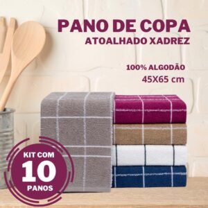 Kit 10 Pano de Prato Copa Atoalhado Xadrez 100% Algodão – Alta Absorção