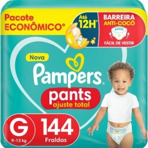 Fralda Descartável Pampers Pants Ajuste Total – Tamanho G, 144 Unidades – Fácil de vestir, Barreira Anti-Cocô Proteção de até Zero Vazamentos, Cobertura Suave com Loção Hipoalergênica para seu Bebê