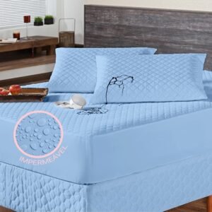 Kit Capa Impermeável Protetora para Colchão + Protetore de Travesseiro Impermeável – 4 Camadas de Proteção – Respirável e Não faz barulho (Azul, Solteirão)