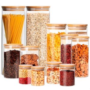 Kit 12 Potes Herméticos de Vidro com Tampa de Bambu | Inclui Etiquetas e Caneta branca | Capacidades 200ml, 250ml, 400ml, 600ml, 800ml, 2000ml | Organização e Estilo para sua Cozinha