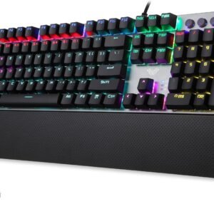 AULA Teclado mecânico verdadeiro com fio LED arco-íris retroiluminado teclado para jogos com interruptores azuis clicky descanso de pulso destacável, teclado mecânico de computador