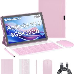 Tablet Android 15, tablets de 10 polegadas, 8 GB de RAM + 32 GB de ROM/2 TB expansível, tablets 2 em 1 com capa para teclado, tela IPS 1280 x 800, 5G Wi-Fi6, câmera dupla, bateria de 6000 mAh BT5