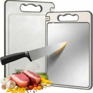 Tábua de Corte Dupla Face Inox 304 e Palha de Trigo – Antibacteriana, Higiênica, Ecológica, Antiodor e Fácil Limpeza para Carnes, Legumes e Cozinha Profissional