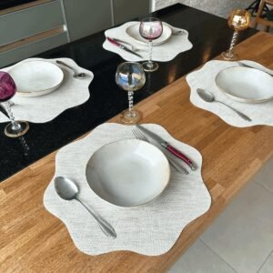 Jogo Americano Redondo, Sousplat Decorativo com 6 Unidades e 6 Porta Copos, Sisal Marfim Bege, para Mesa Posta