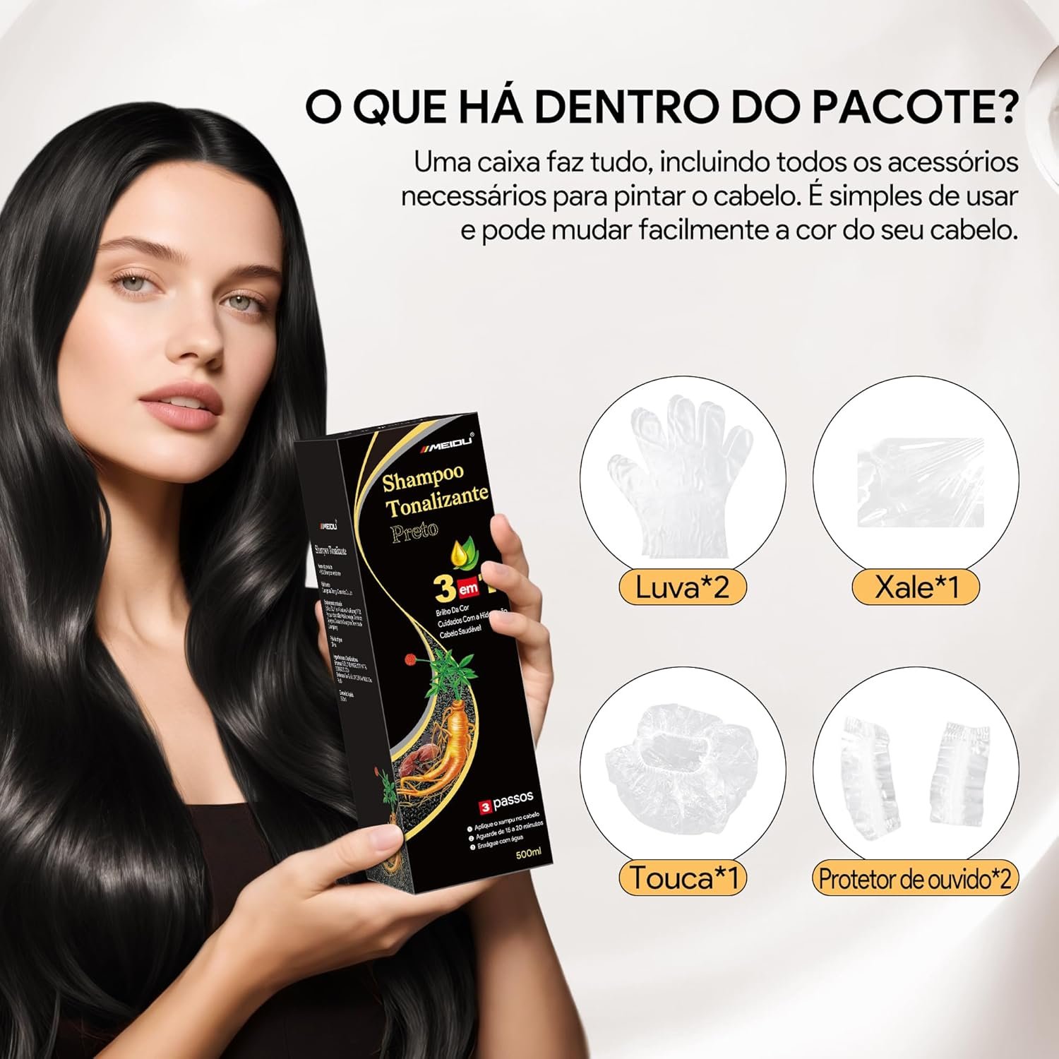 Shampoo Tonalizante Preto 3 em 1 para Cabelos Grisalhos, Shampoo que Pinta o Cabelo para Mulheres e Homens, Tinta de Cabelo com Extratos Vegetais, Cobertura de Fios Brancos até 15 Dias, 500ml - Imagem 5