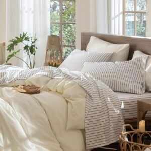 MooMee Jogo de lençol listrado 100% algodão lavado como linho texturizado respirável durável macio confortável (branco cinza escuro listras largas, California King)