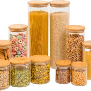 Kit 11 potes de vidro com tampa de bambu herméticos redondos – Tüd