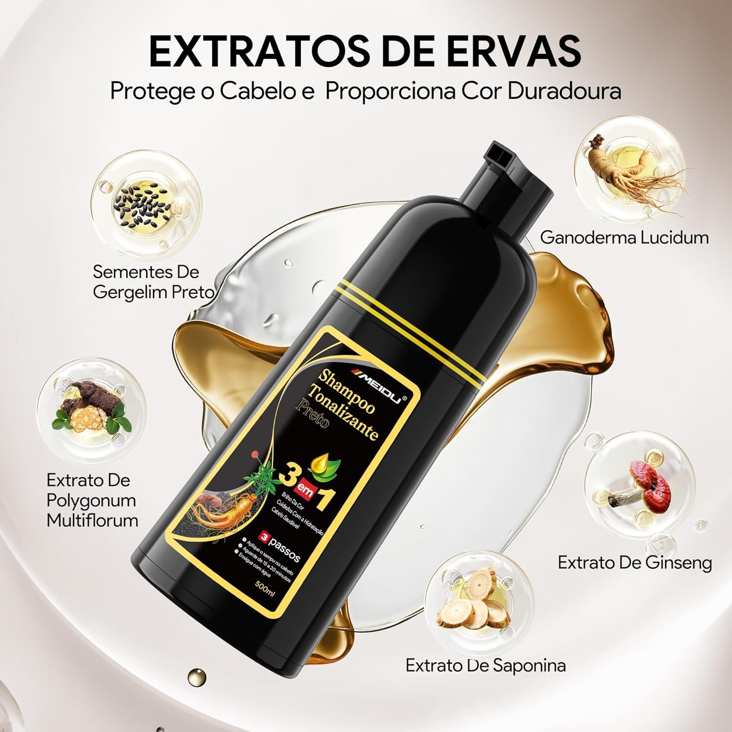 Shampoo Tonalizante Preto 3 em 1 para Cabelos Grisalhos, Shampoo que Pinta o Cabelo para Mulheres e Homens, Tinta de Cabelo com Extratos Vegetais, Cobertura de Fios Brancos até 15 Dias, 500ml - Imagem 3