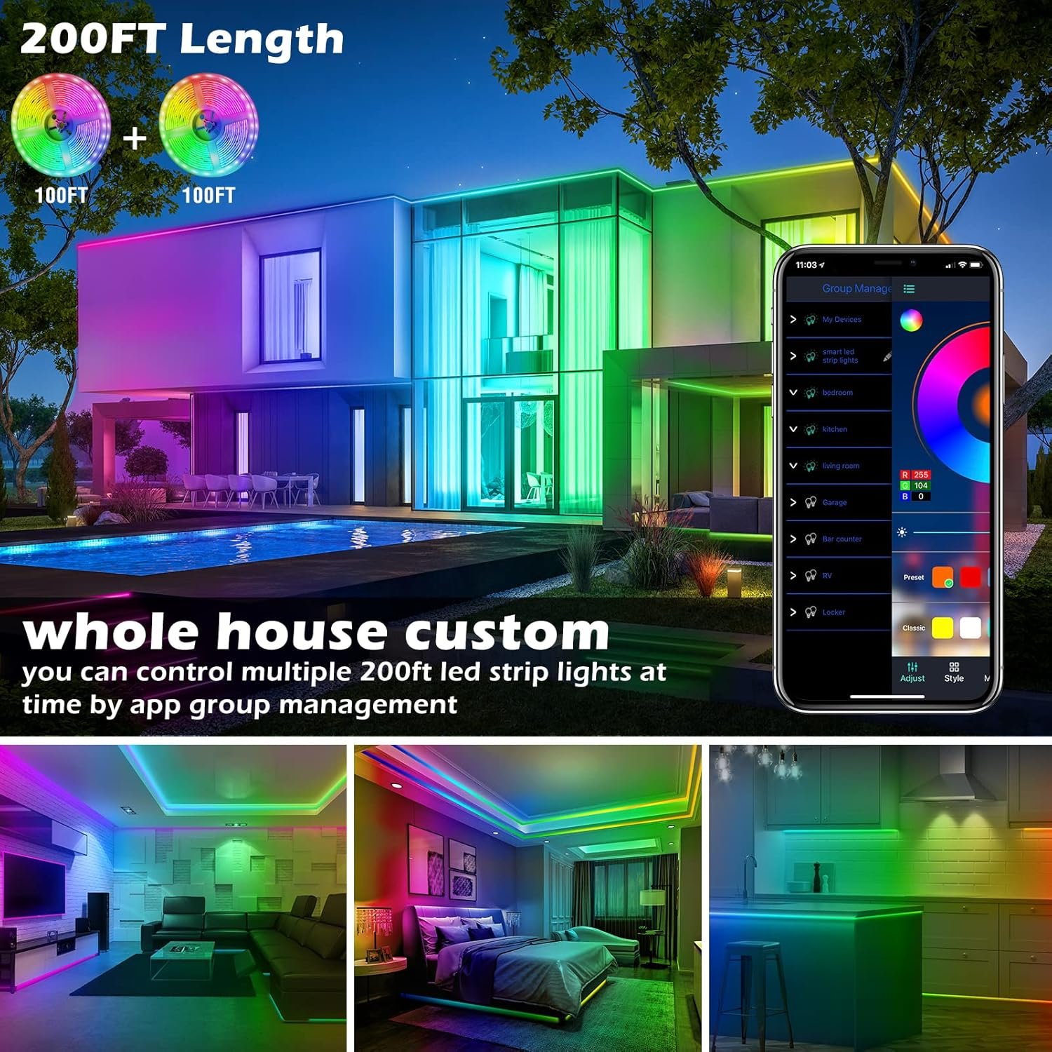 AILBTON Faixa de luzes LED de 60 metros (2 rolos de luzes de LED de 30 metros) Faixa de luz LED ultra longa com controle remoto de voz por aplicativo, 5050 RGB Music Sync Luzes LED que mudam de cor para quarto, festa, decoração de casa - Imagem 2