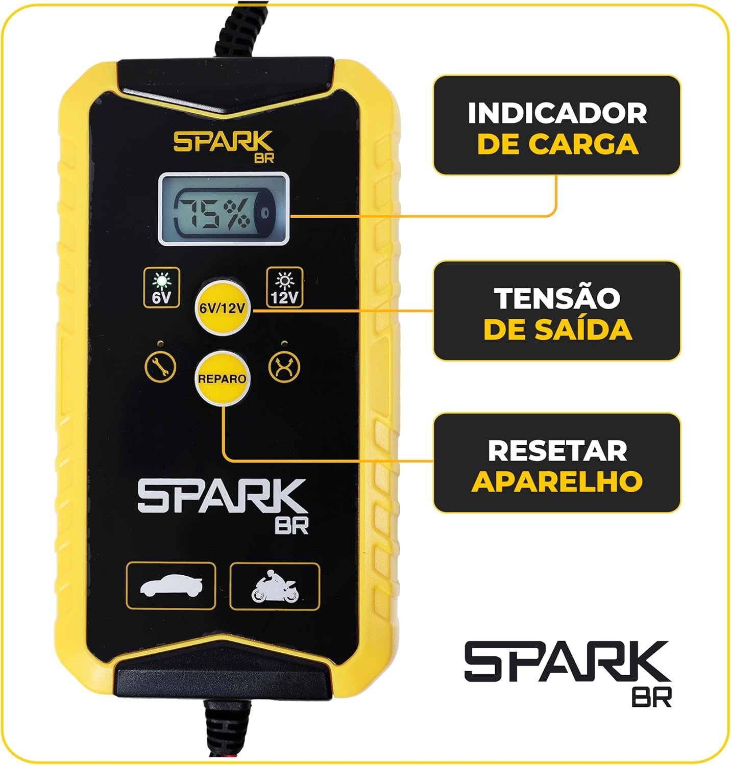 Carregador Automotivo Bateria Inteligente Portátil 6V/12V 150AH Display Digital Avançado Multifuncional Indicador Inteligente Spark BR Proteção Carro Moto Carregamento Automático Botão Reparo Bivolt - Imagem 5