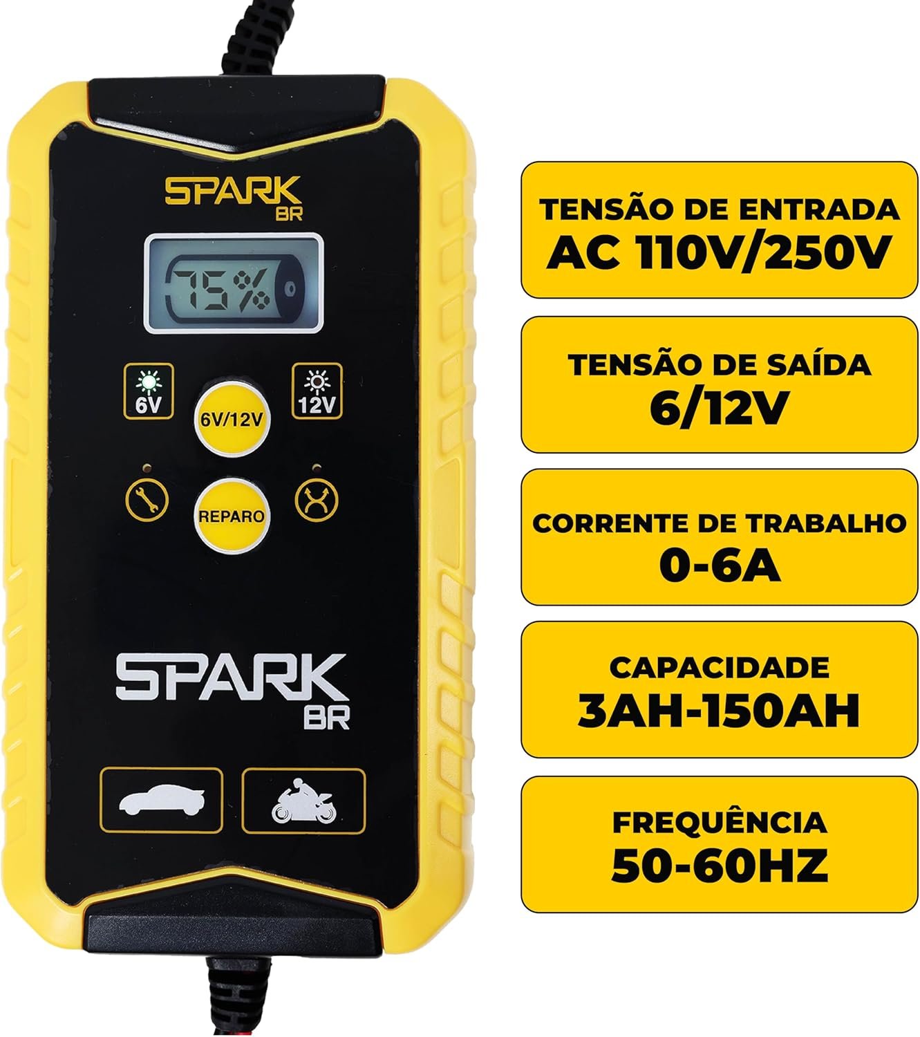 Carregador Automotivo Bateria Inteligente Portátil 6V/12V 150AH Display Digital Avançado Multifuncional Indicador Inteligente Spark BR Proteção Carro Moto Carregamento Automático Botão Reparo Bivolt - Imagem 2