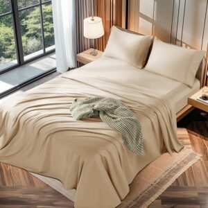 LBRO2M Conjunto de lençóis Queen Size 100% algodão, 1200 fios, bolso profundo de 40,6 cm, conjunto de lençol de cama com 4 peças (Queen, creme)